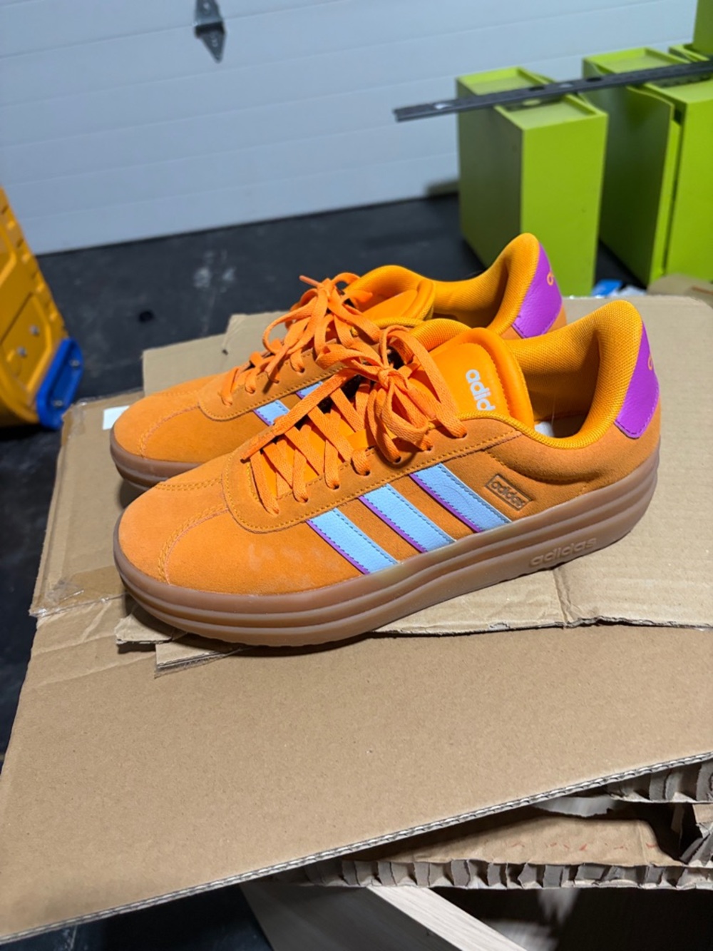 adidas Orange Sneakers with Light Blue Stripes and Pink Heel